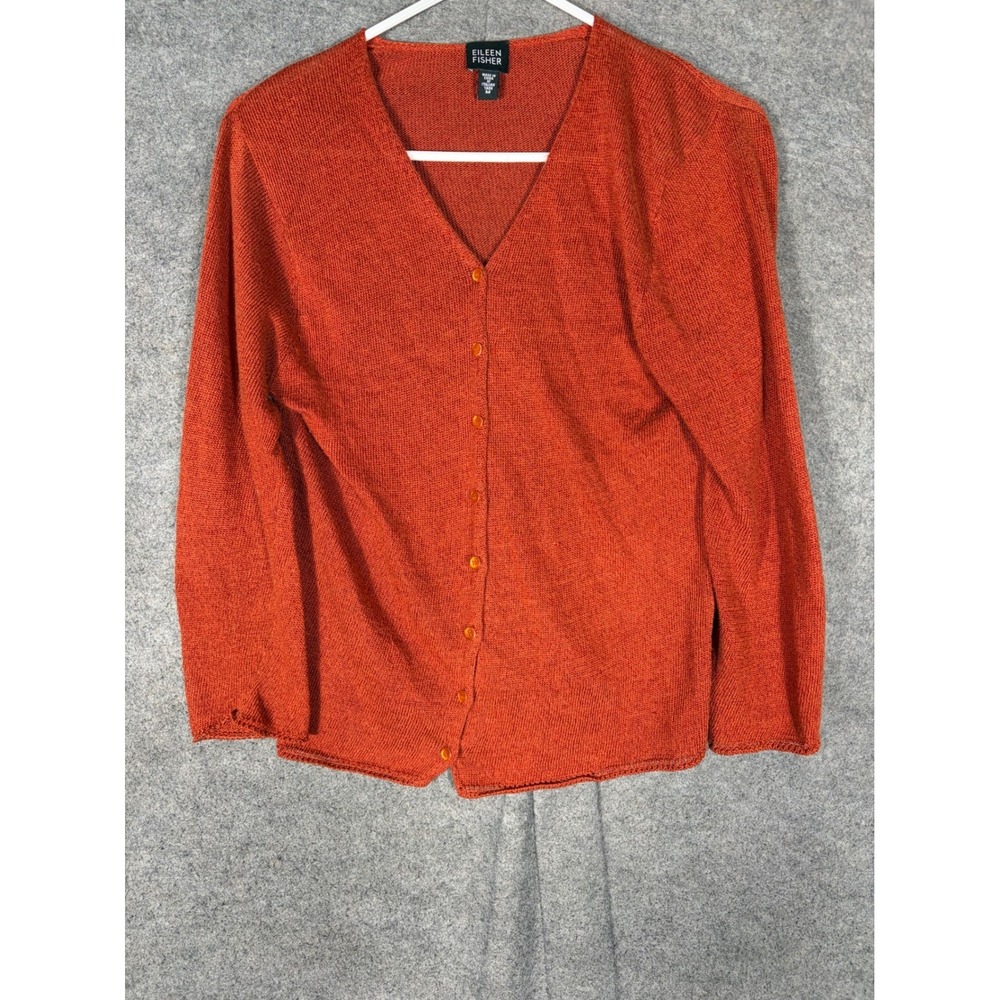 Eileen Fisher Womens M Rust Orange Linen Cotton Blend V-Neck Cardigan Sweater